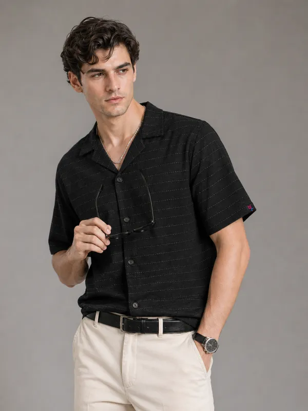 Navy_Blue_Viscose__Blend_Relaxed_Fit_Self_Stripe_Shirt_For_Men