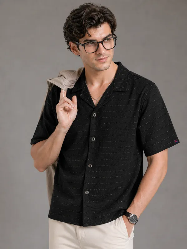 Black_Viscose-Cotton_Cuban_Collar_Relaxed_Fit_Textured_Shirt_For_Men