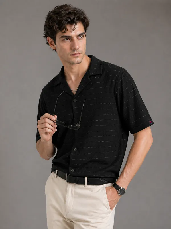Black_Viscose-Cotton_Cuban_Collar_Relaxed_Fit_Textured_Shirt_For_Men