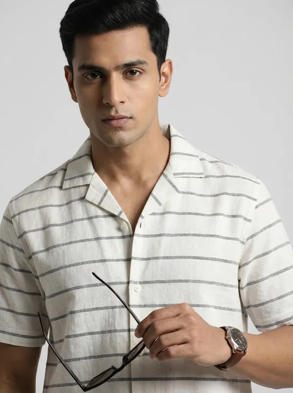 Off_White_Viscose_Cotton_Boxy_Fit_Striped_Cuban_Collar_Shirt_For_Men