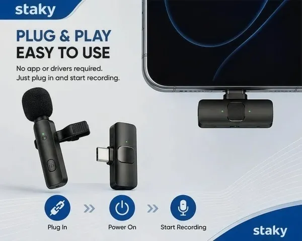 Staky_Wireless_Microphone_Digital_Mini_Portable_Recording_Clip_Mic_with_Receiver_for_All_Type-C_(Black)