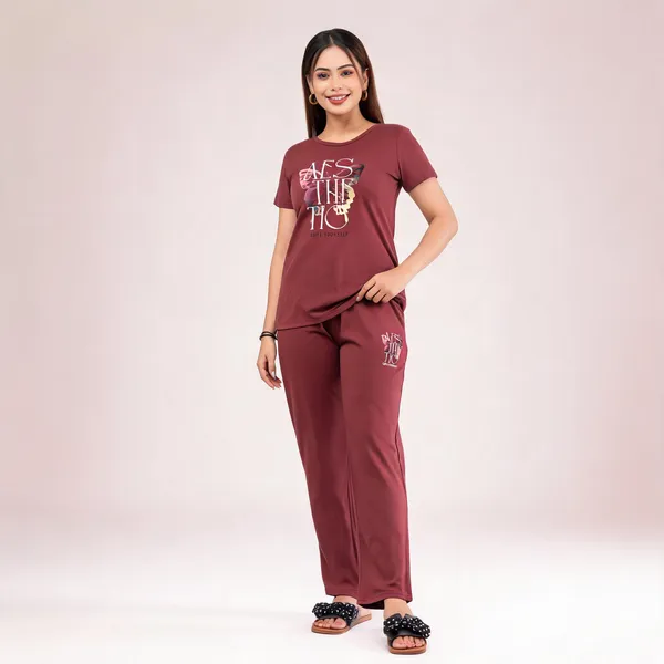 Maroon_Cotton_Lycra_Printed_Short_Night_Suit_For_Women