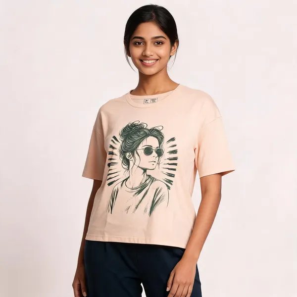 Peach_Black_Cotton_Lycra_Graphic_Print_T-Shirt_Pyjama_Set_For_Women