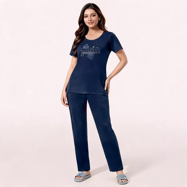 Navy_Blue_Cotton_Lycra_Floral_Print_Round_Neck_T-Shirt_Pyjama_Set_For_Women