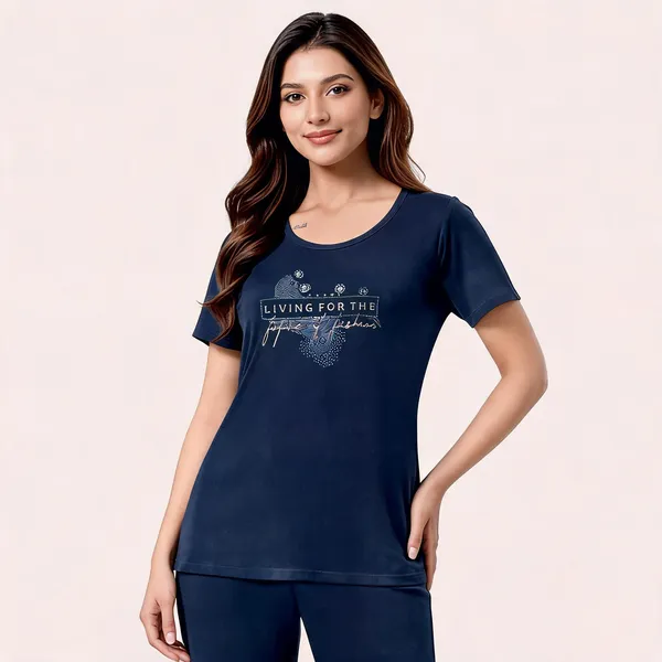 Navy_Blue_Cotton_Lycra_Floral_Print_Round_Neck_T-Shirt_Pyjama_Set_For_Women
