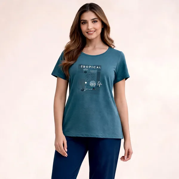 Teal_Navy_Cotton_Lycra_Tropical_Print_T-Shirt_Pyjama_Set_For_Women