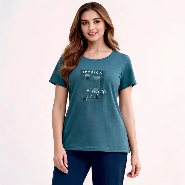 Teal_Navy_Cotton_Lycra_Tropical_Print_T-Shirt_Pyjama_Set_For_Women