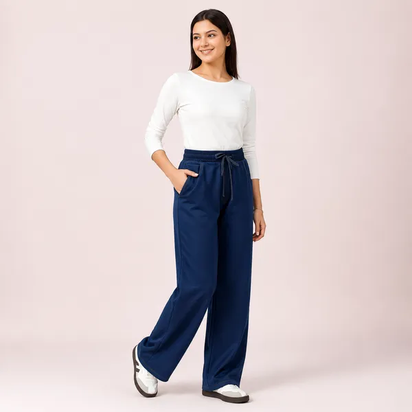 Navy_Blue_Denim_Elastic_Waist_Straight_Fit_Pant_For_Women