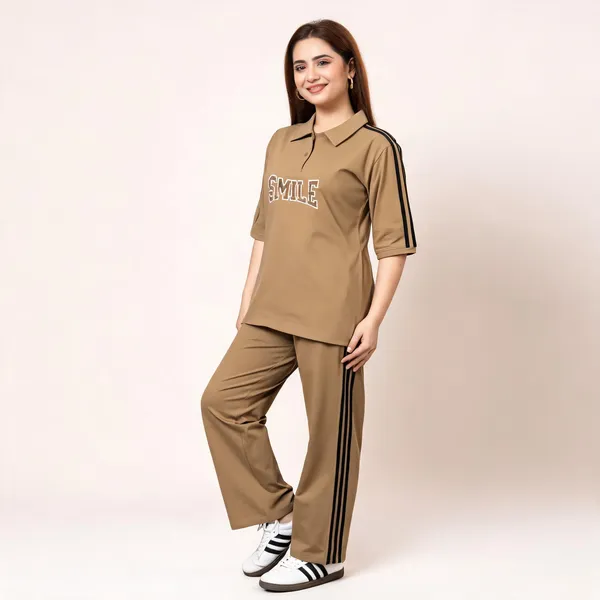 Light_Brown_Cotton_Spandex_Stripe_Detail_Co-Ord_Set_For_Women