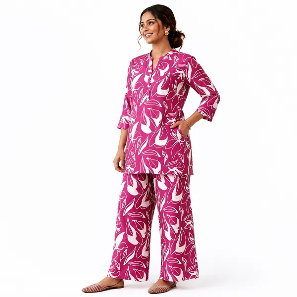 Pink_Rayon_Floral_Print_Relaxed_Kurta_Palazzo_Co-Ord_Set_For_Women