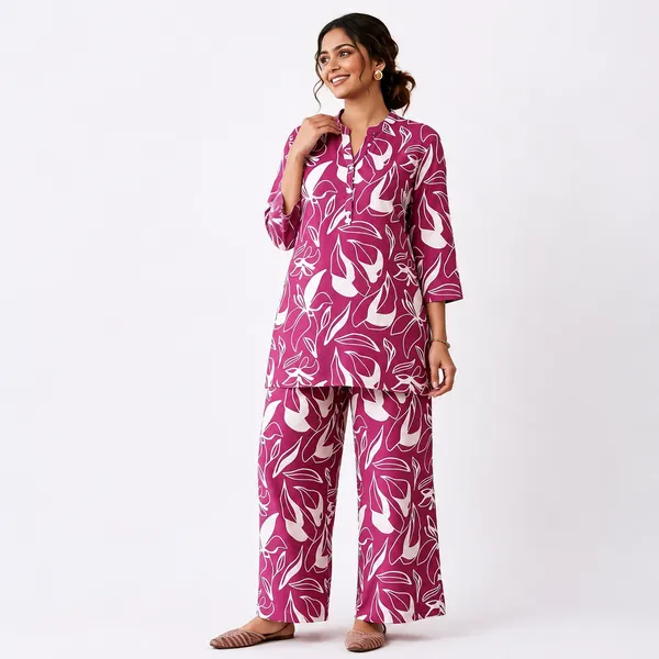 Pink_Rayon_Floral_Print_Relaxed_Kurta_Palazzo_Co-Ord_Set_For_Women
