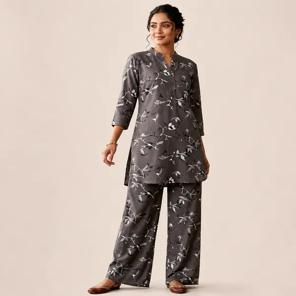 Grey_Rayon_Floral_Print_Relaxed_Kurta_Palazzo_Co-Ord_Set_For_Women