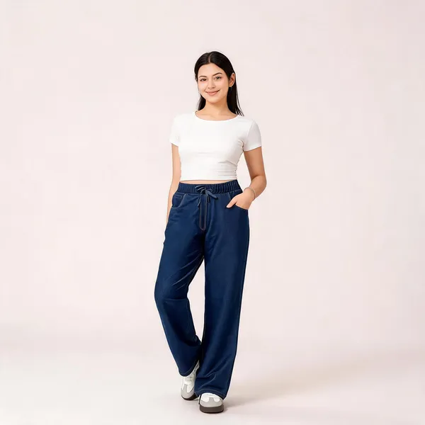 Navy_Blue_Denim_Elastic_Waist_Straight_Fit_Pant_For_Women