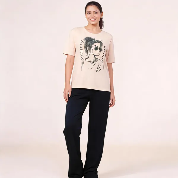Beige_Teal_Cotton_Lycra_Graphic_Print_Regular_Fit_T-Shirt_Set_For_Women