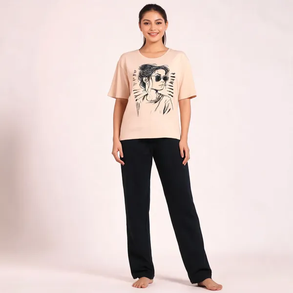 Beige_Teal_Cotton_Lycra_Graphic_Print_Regular_Fit_T-Shirt_Set_For_Women