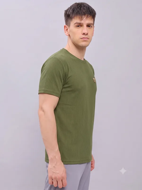 Olive_Green__Ribbed_Crew_Neck_T-Shirt_For_Men