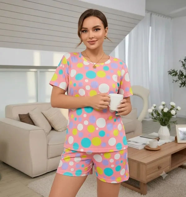 Peach_Ribbed_Polka_Dot_Sleepwear_Set_For_Wome