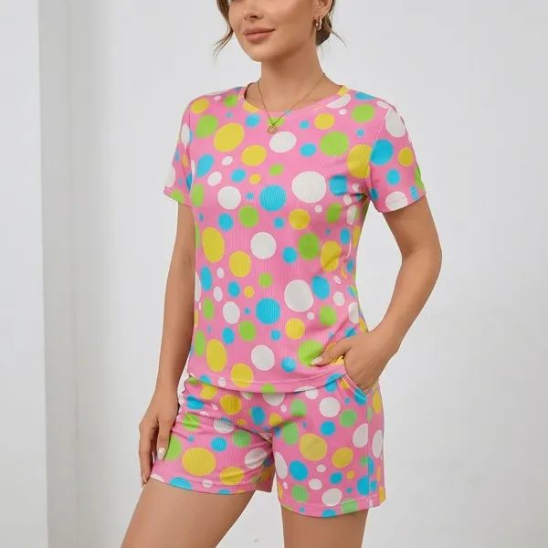Pink__Ribbed_Polka_Dot_Sleepwear_Set_For_Women