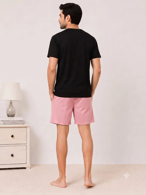 Black__Relaxed_Fit_T-Shirt_And_Pink_Shorts_Lounge_Set_For_Men