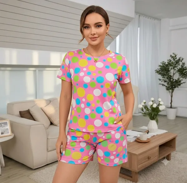 Pink__Ribbed_Polka_Dot_Sleepwear_Set_For_Women