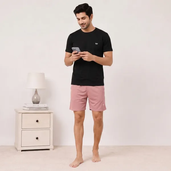 Black__Relaxed_Fit_T-Shirt_And_Pink_Shorts_Lounge_Set_For_Men