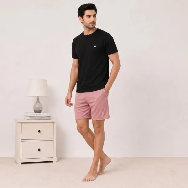 Black__Relaxed_Fit_T-Shirt_And_Pink_Shorts_Lounge_Set_For_Men