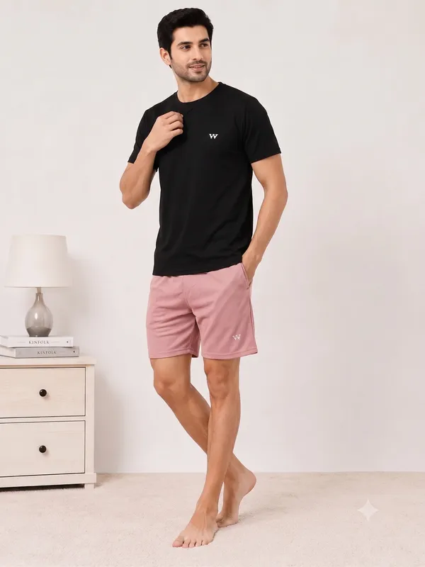 Black__Relaxed_Fit_T-Shirt_And_Pink_Shorts_Lounge_Set_For_Men