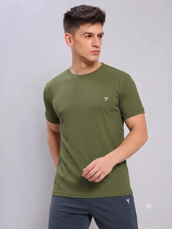 Olive_Green__Ribbed_Crew_Neck_T-Shirt_For_Men
