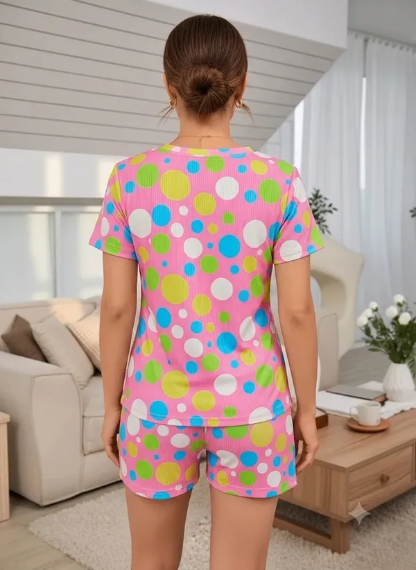 Pink__Ribbed_Polka_Dot_Sleepwear_Set_For_Women