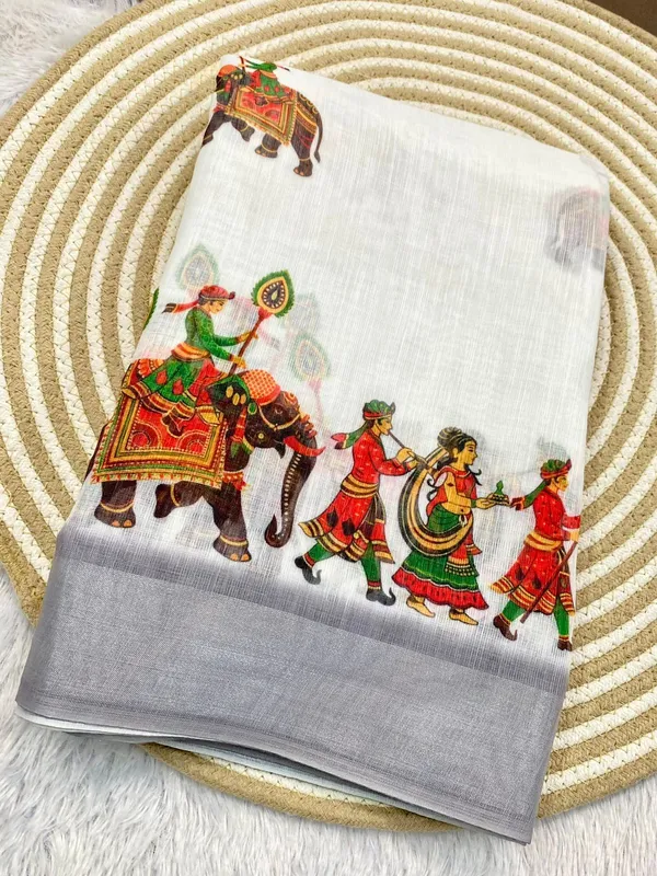 White_And_Grey_Pure_Jamdhani_Cotton_Saree_Matching_Blouse_Piece_For_Women