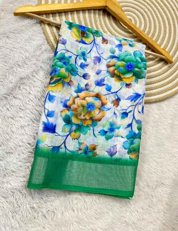 White_And_Green_Pure_Jamdhani_Cotton_Saree_Matching_Blouse_Piece_For_Women
