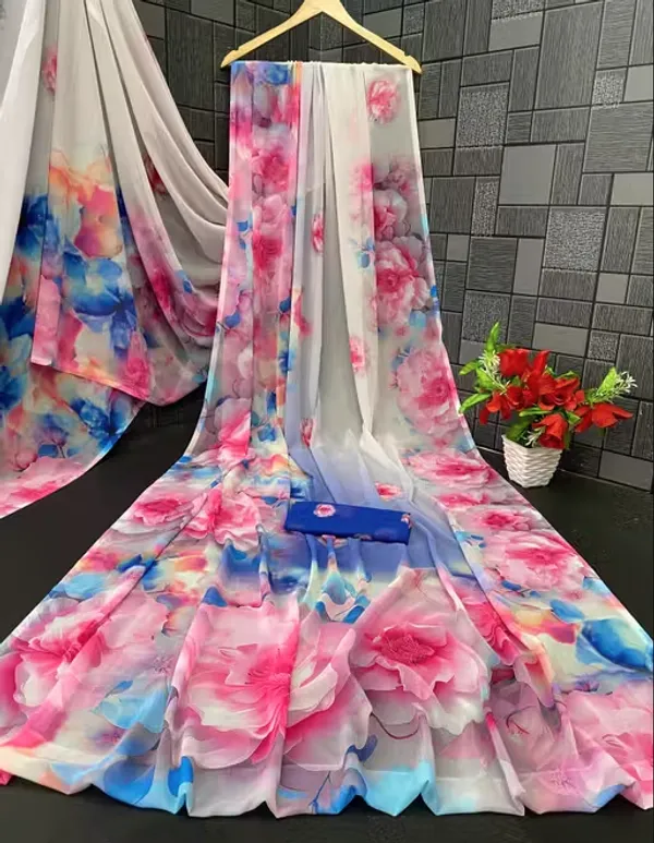 Pink_And_Blue_Pure_Georgette_Saree_Matching_Blouse_Piece_For_Women