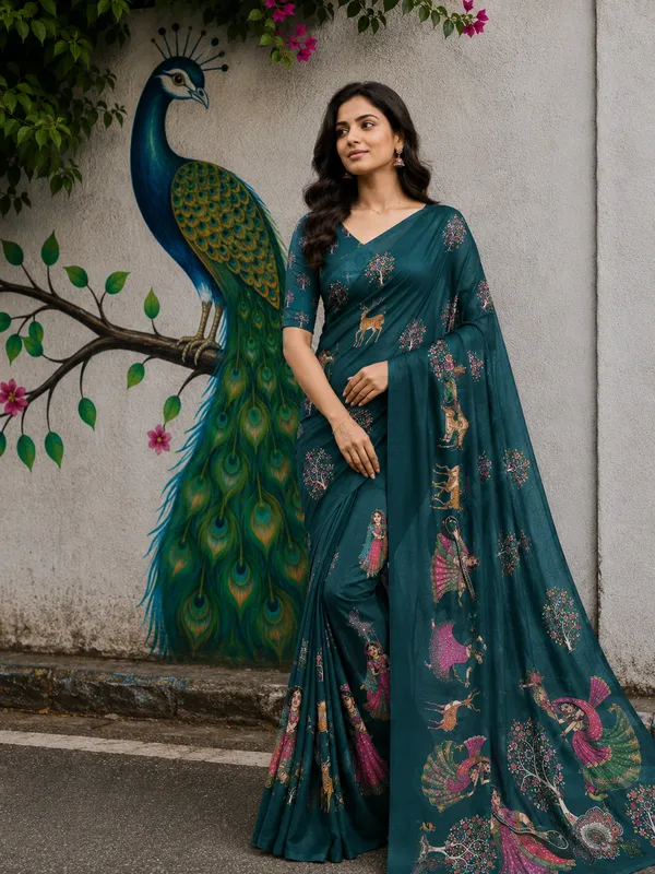 Teal_Moss_Silk_Crepe_Saree_Matching_Blouse_Piece_For_Women