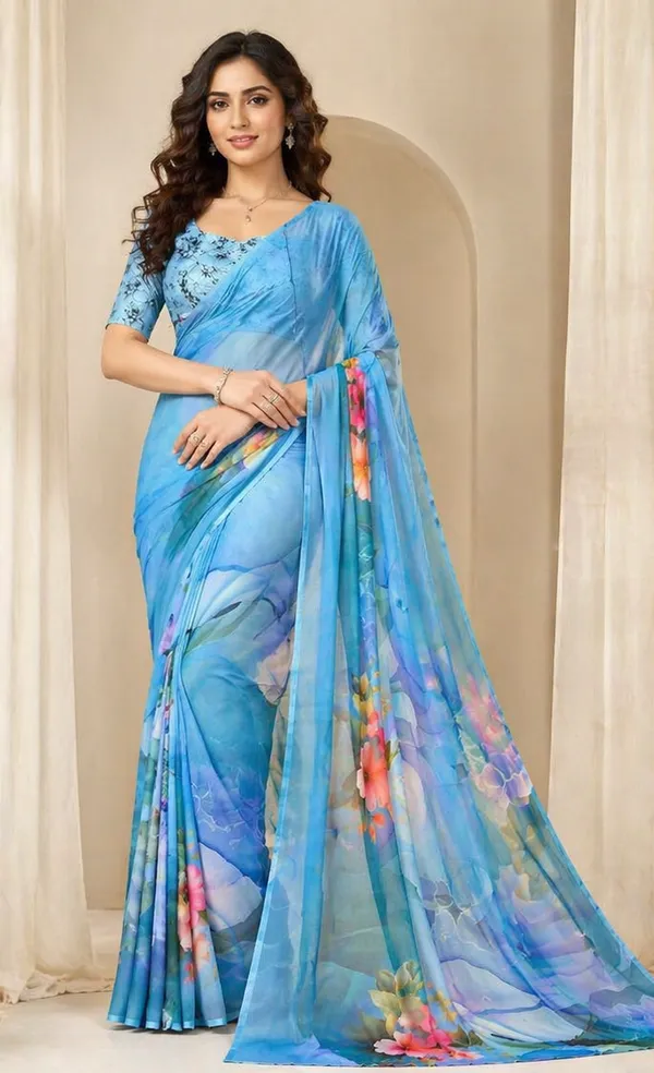 Sky_Blue_Pure_Georgette_Saree_Matching_Blouse_Piece_For_Women