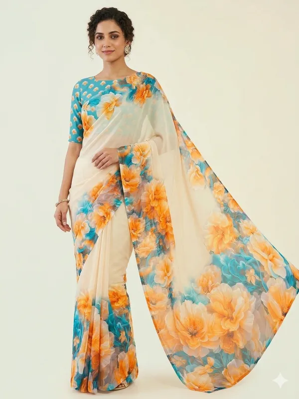 Cream_Pure_Georgette_Saree_Matching_Blouse_Piece_For_Women