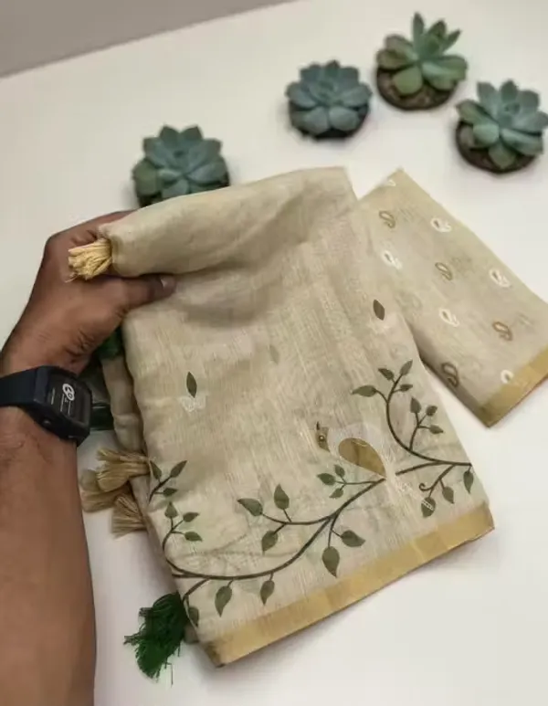Beige_Pure_Jamdhani_Cotton_Saree_Matching_Blouse_Piece_For_Women