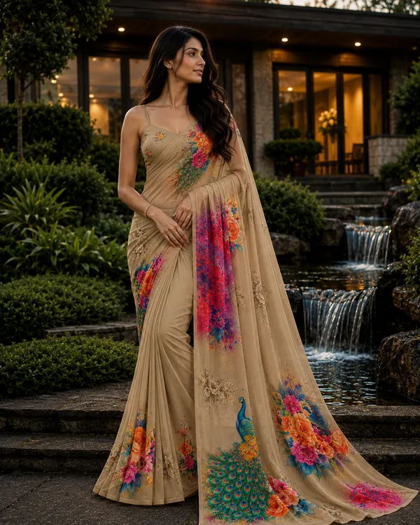 Beige_Pure_Georgette_Saree_Matching_Blouse_Piece_For_Women