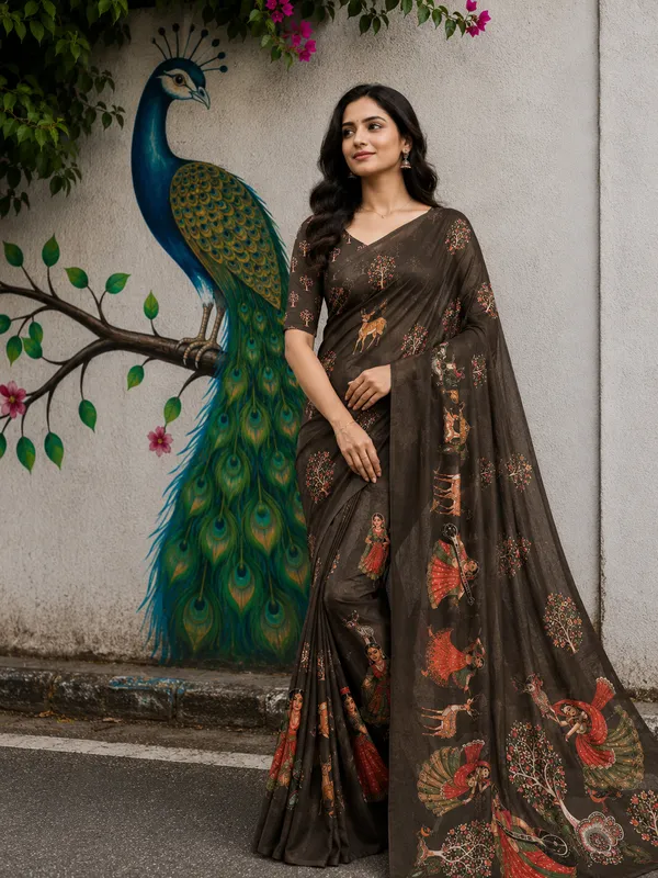 Brown_Moss_Silk_Crepe_Saree_Matching_Blouse_Piece_For_Women