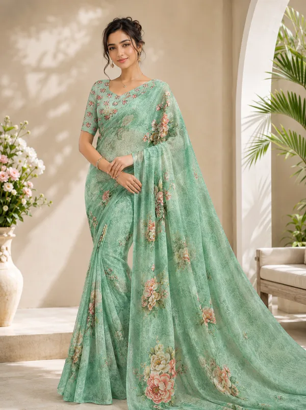 Mint_Green_Pure_Georgette_Saree_Matching_Blouse_Piece_For_Women