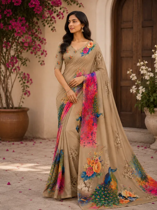 Beige_Pure_Georgette_Saree_Matching_Blouse_Piece_For_Women