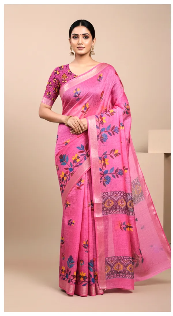 Pink_Pure_Jamdhani_Cotton_Saree_Matching_Blouse_Piece_For_Women