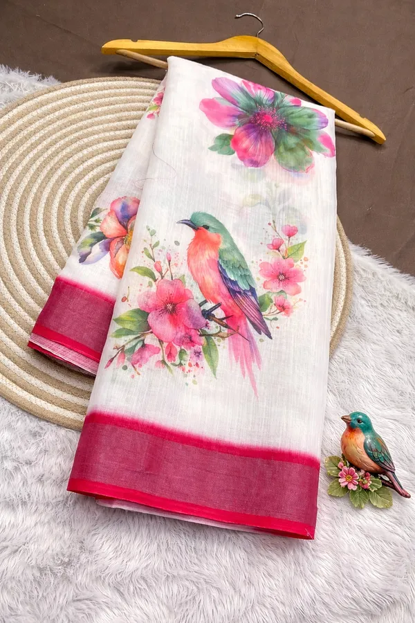 White_And_Pink_Pure_Jamdhani_Cotton_Saree_Matching_Blouse_Piece_For_Women