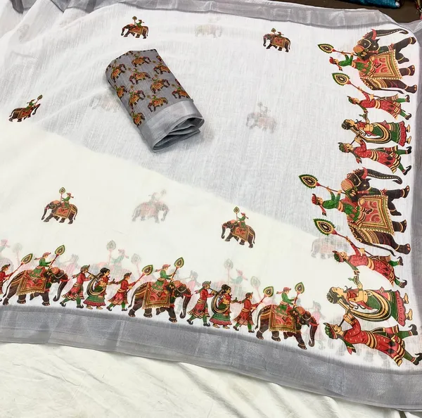 White_And_Grey_Pure_Jamdhani_Cotton_Saree_Matching_Blouse_Piece_For_Women