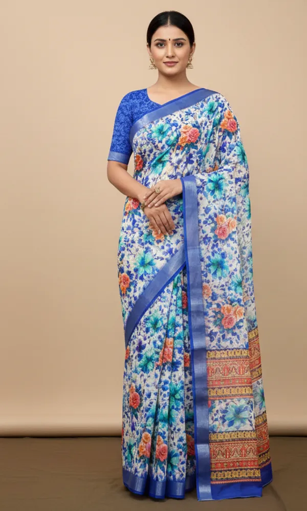 Blue_Pure_Jamdhani_Cotton_Saree_Matching_Blouse_Piece_For_Women