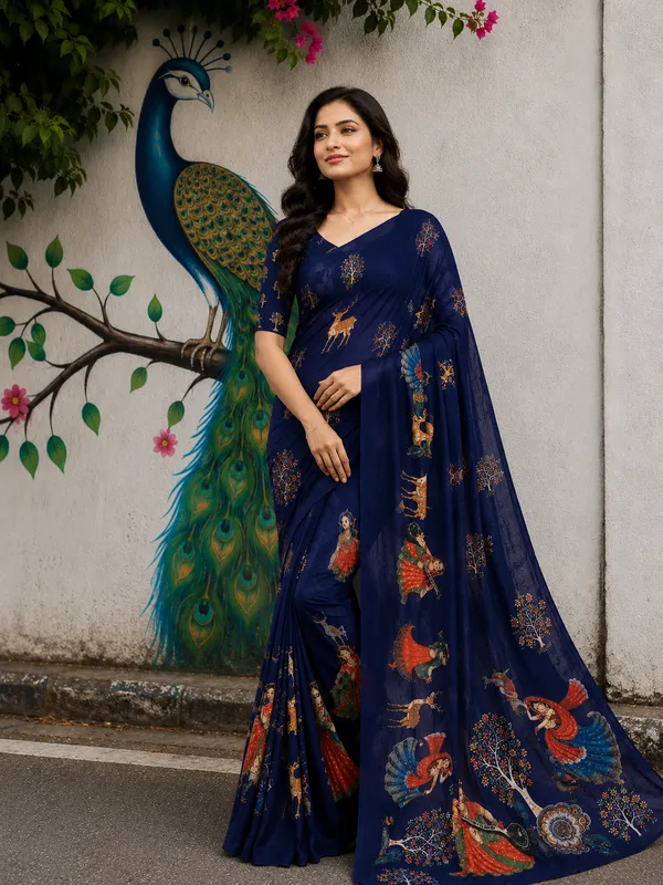 Navy_Blue_Moss_Silk_Crepe_Saree_Matching_Blouse_Piece_For_Women
