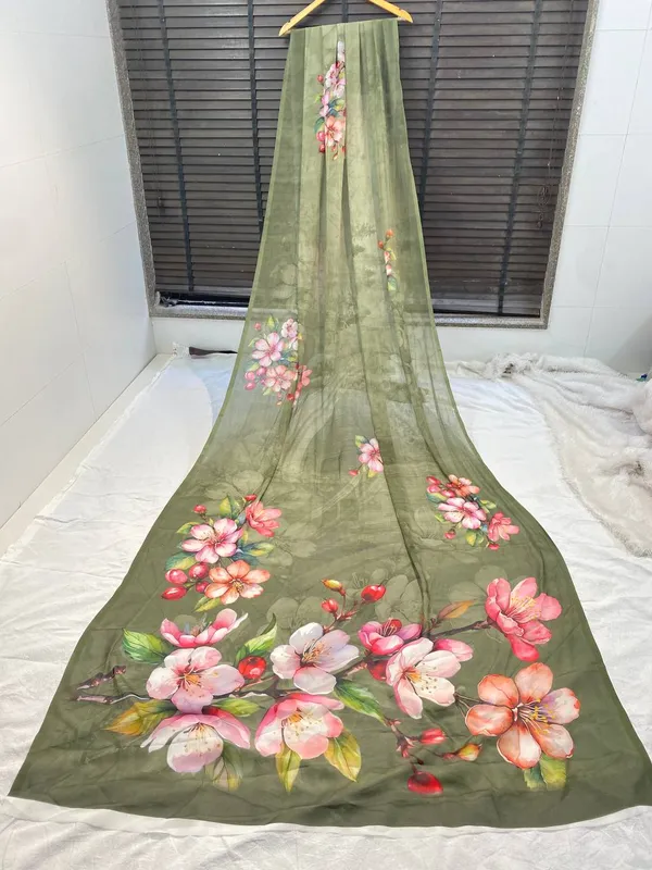 Olive_Green_Pure_Georgette_Saree_Matching_Blouse_Piece_For_Women