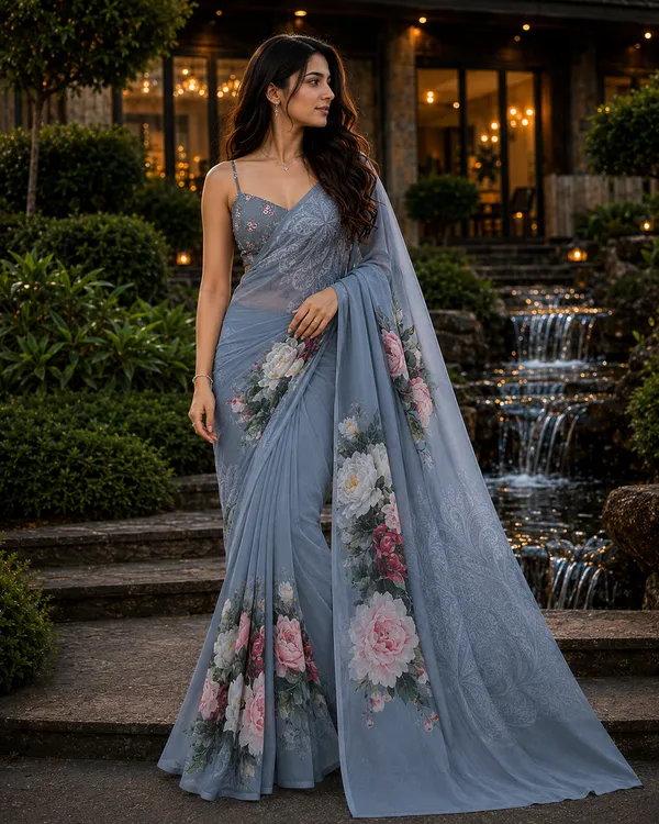 Grey_Pure_Georgette_Saree_Matching_Blouse_Piece_For_Women