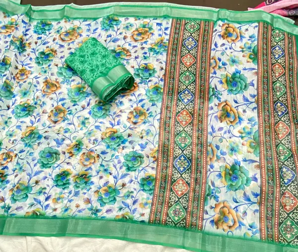 White_And_Green_Pure_Jamdhani_Cotton_Saree_Matching_Blouse_Piece_For_Women
