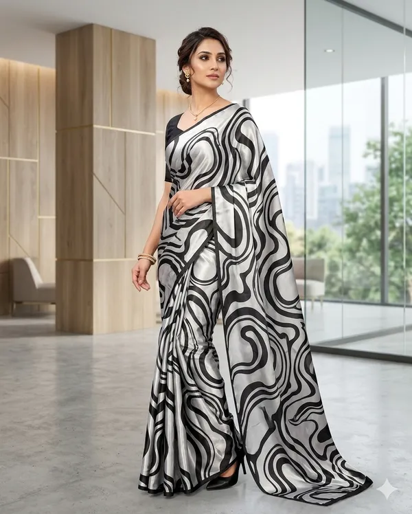 Black_And_White_Moss_Silk_Crepe_Saree_Matching_Blouse_Piece_For_Women