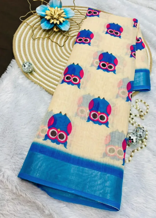 Cream_And_Blue_Pure_Jamdhani_Cotton_Saree_Matching_Blouse_Piece_For_Women